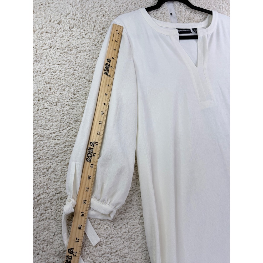Nina Leonard Womens White Crepe Shift Dress Tie Sleeve Split V-Neck Large - Picture 10 of 12